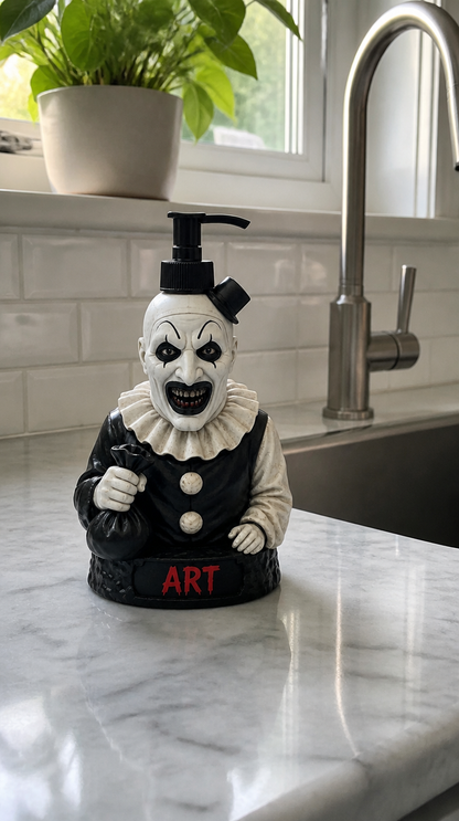 Art the Clown Soap Dispenser on kitchen counter