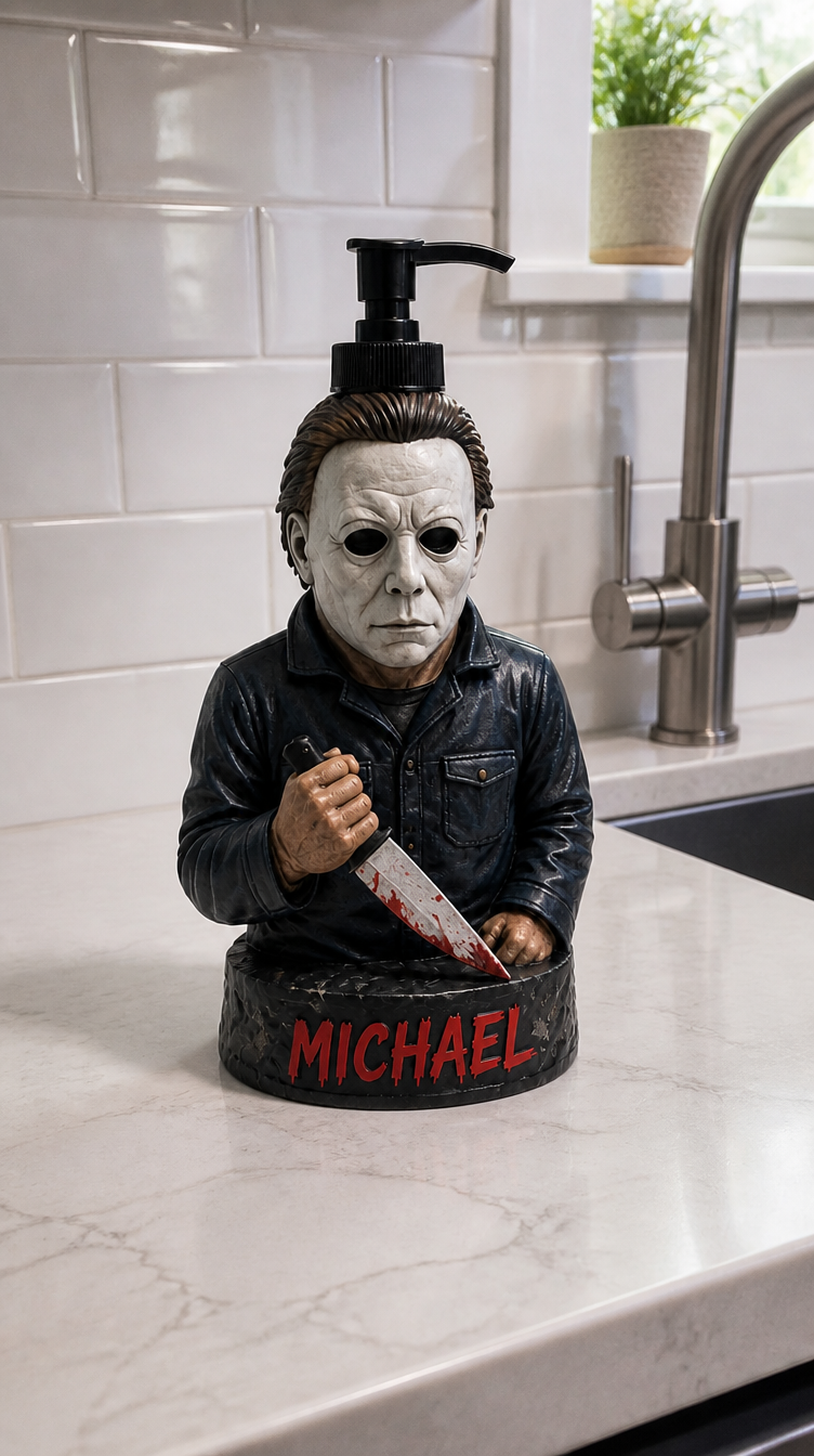 Michael Myers Soap Dispenser on kitchen counter