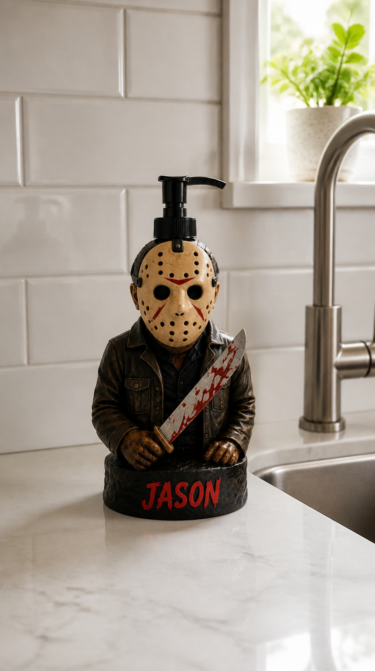 Jason Voorhees Soap Dispenser on kitchen counter