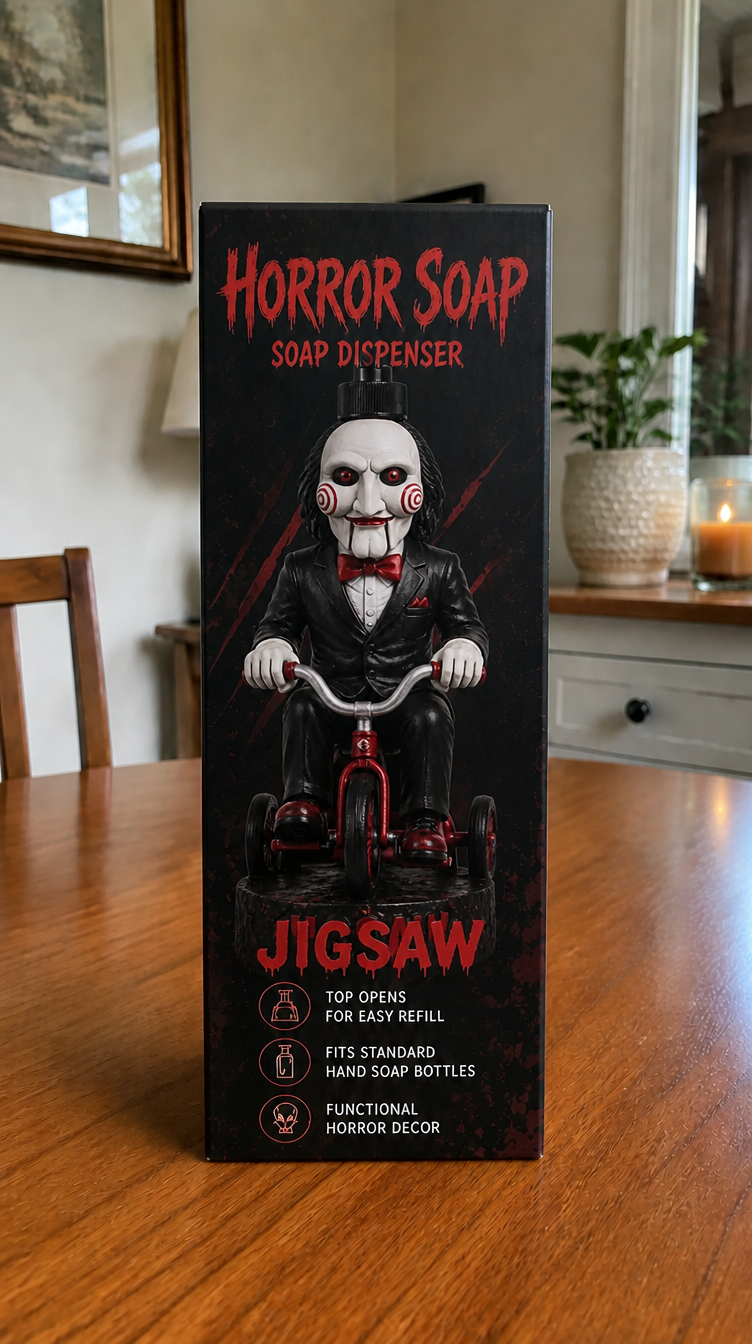 Jigsaw Horror Soap box on dining table