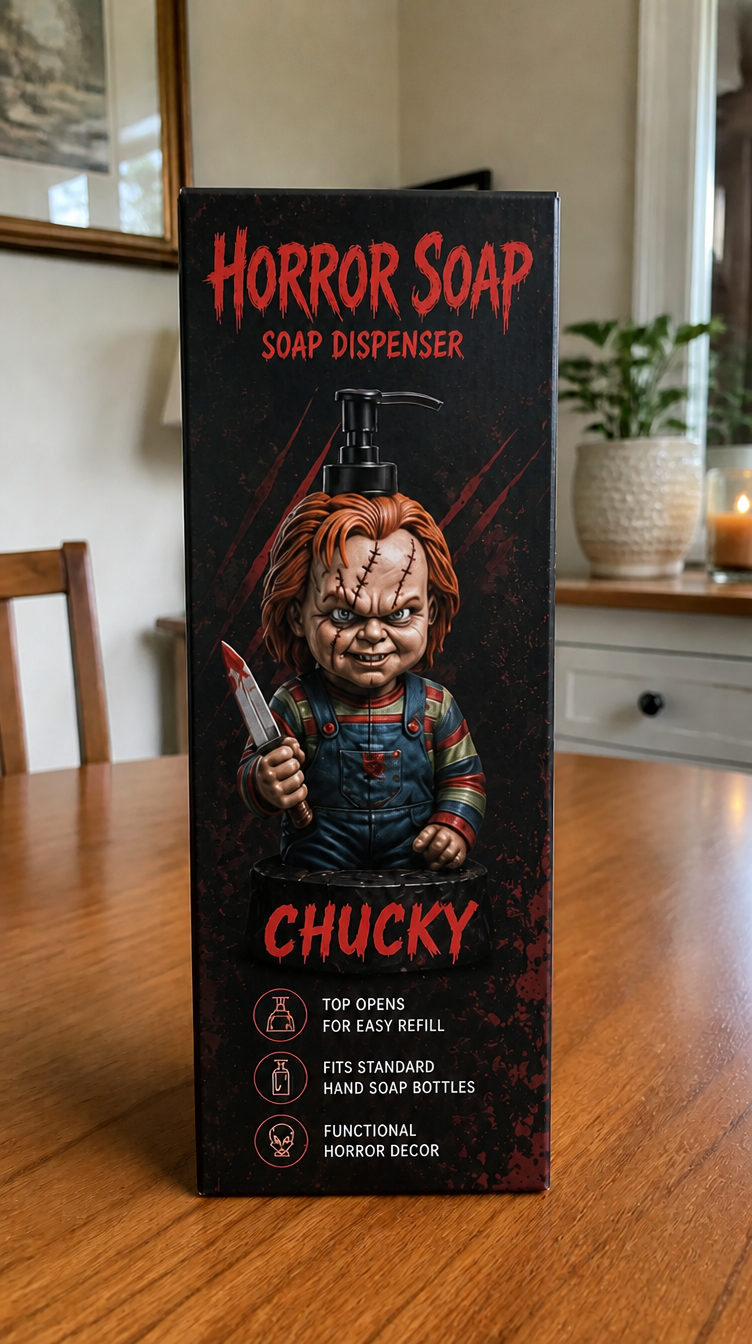 Chucky Horror Soap box sitting on dining table
