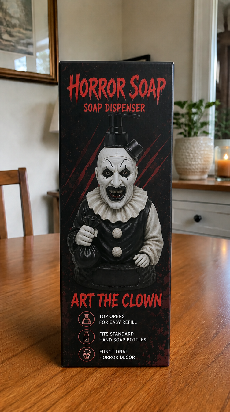 Art the Clown Horror Soap box sitting on dining table