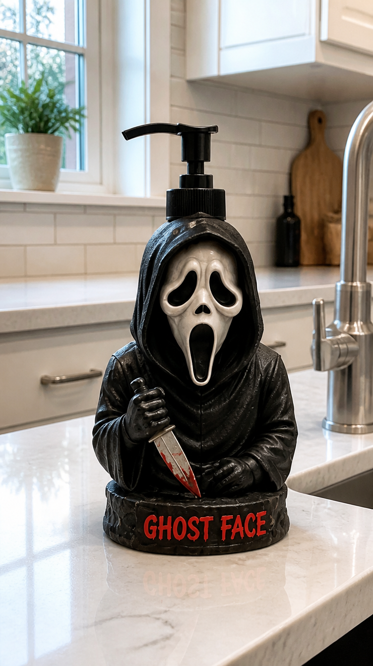 Ghostface Soap Dispenser on kitchen counter