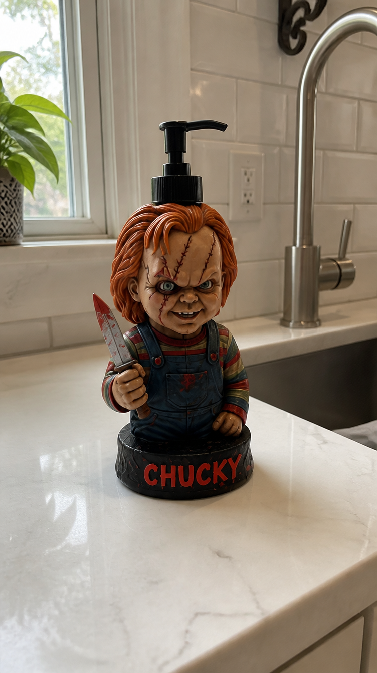 Chucky Soap Dispenser on kitchen counter